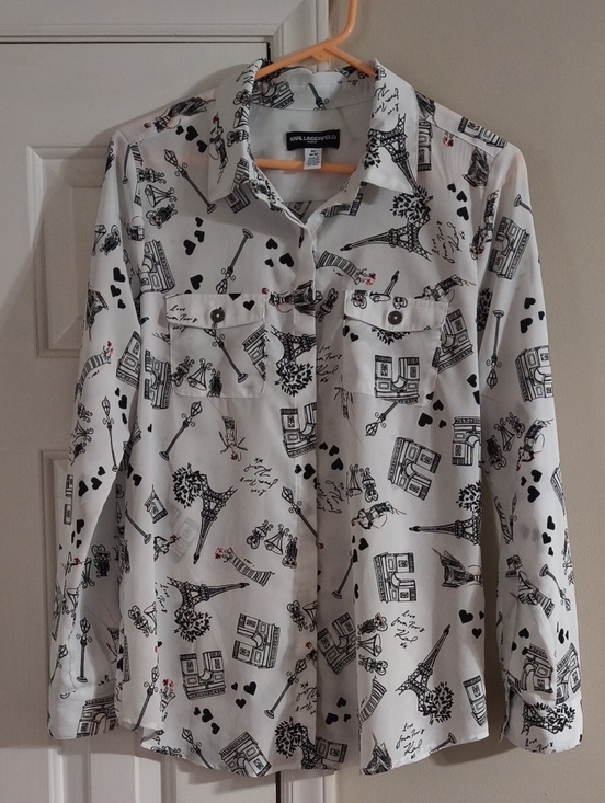 Karl Lagerfeld Tops - Karl Lagerfeld White Button Up Blouse Paris Heart Eiffel Tower Love